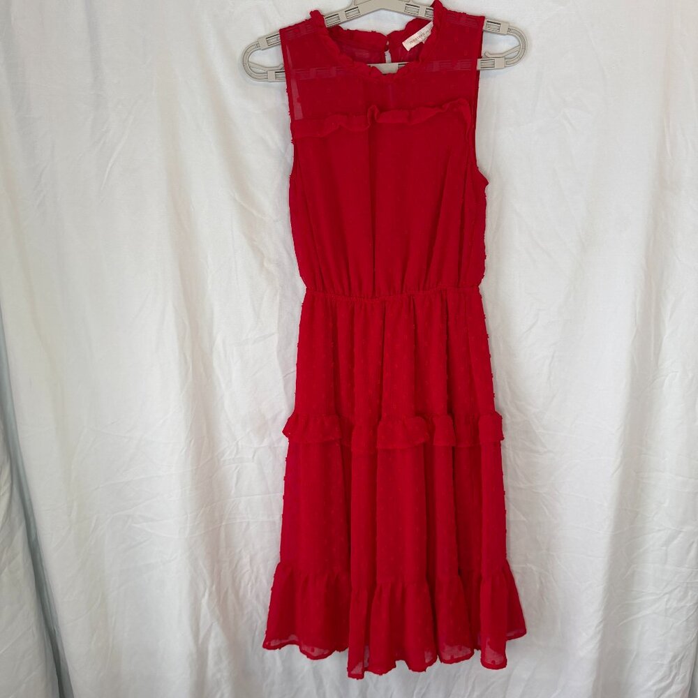 Monteau Los Angeles Dress Small Red Swiss Dot Boho Sleeveless Midi Tiered Ruffle